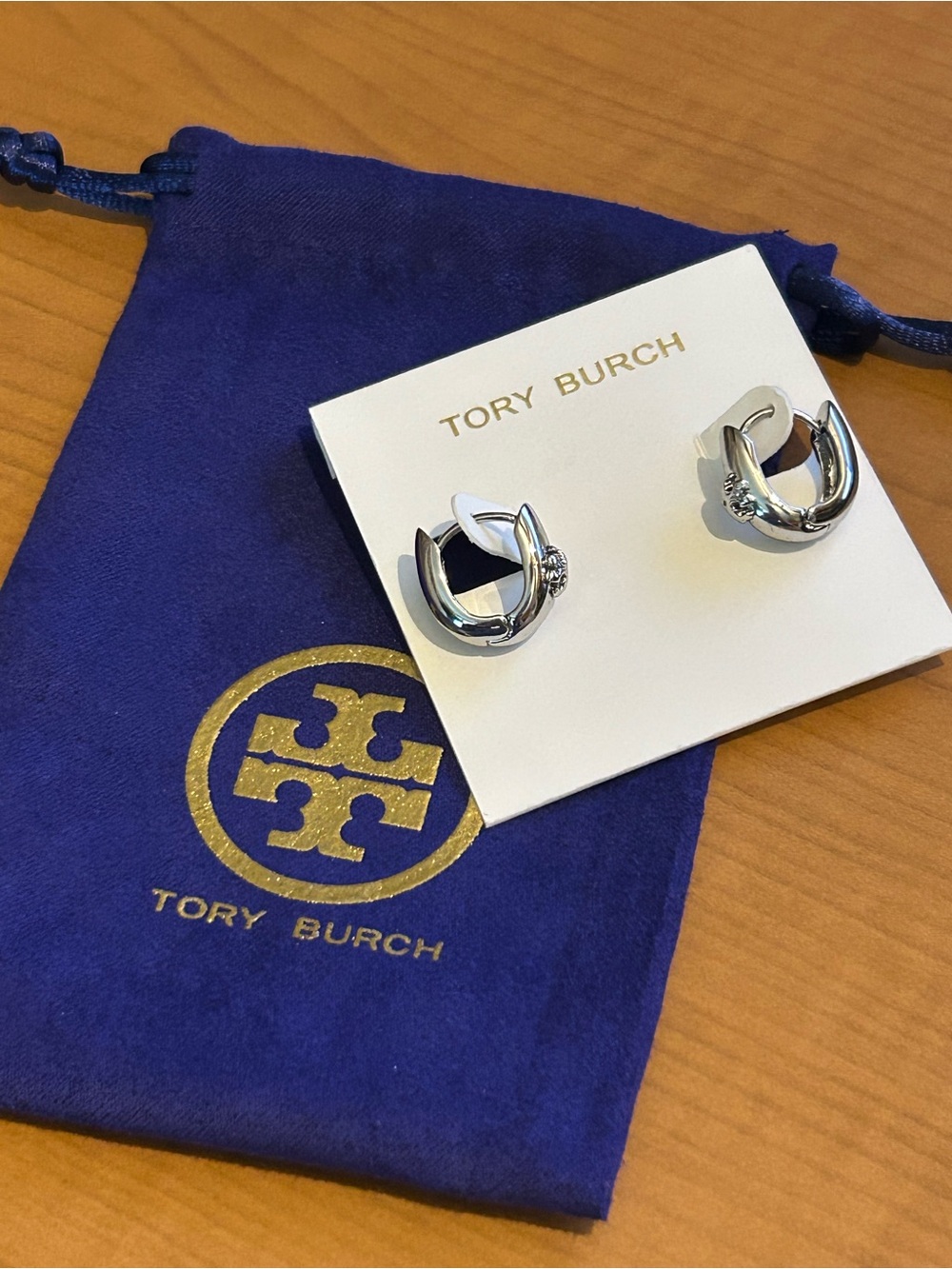 Tory Burch Silver Logo Huggie Earrings